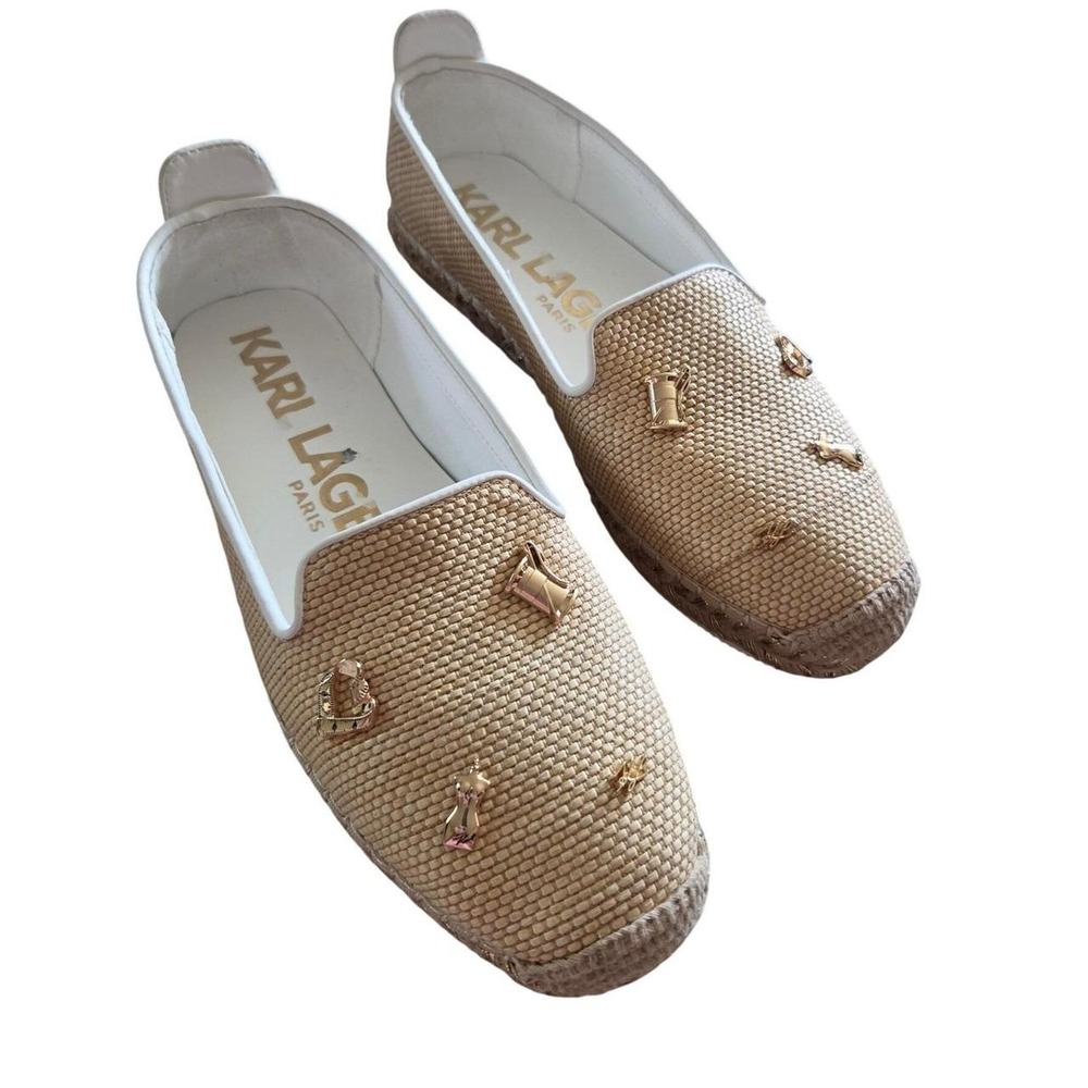 Karl Lagerfeld Espadrille Flats Womens 7.5 Tan New Sewing Charms Raffia Slip On